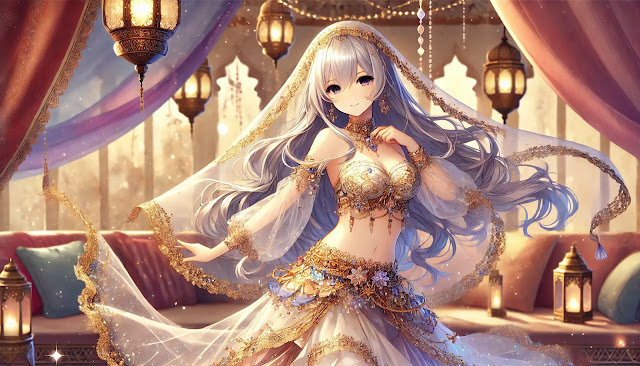 長い銀髪の25歳女性が華やかなベリーダンス衣装を着てポーズをとるアニメ風イラスト。ゴールドの刺繍や輝く布が特徴的で、背景には幻想的なアラビアンスタイルの装飾が施されている。