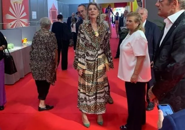 Princess Caroline of Hanover wore a Timbuktu flow printed silk midi dress by Johanna Ortiz. Gold earrings