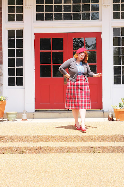 vintage inspired red plaid skirt outfit with beret at a vintage school house with va-voom vintage