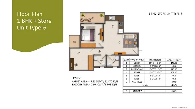 Yashika 104 floor plan- 1bhk+S type-6