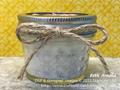 side view of the aromatherapy air freshener in a glass pint canning jar decorated with fall patterned paper showing the lavender flowers and epsom salts, Rustic Harvest DSP, home decor, aromatherapy, air fresheners