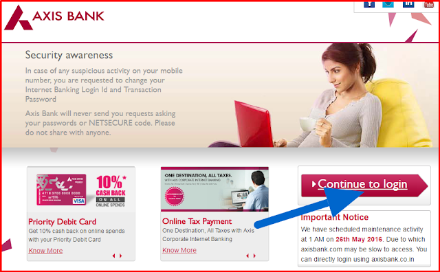 axis internet banking prelogin page