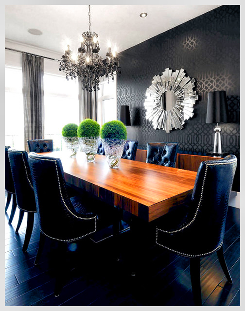 Dining room window treatments combined use of wall paper to help with darker colors