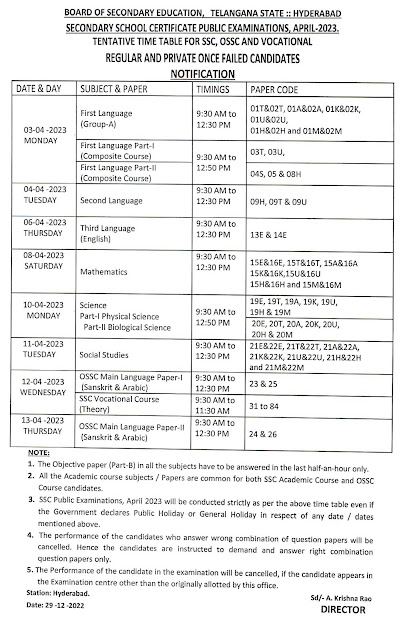 TS 10th Exam Time Table 2023