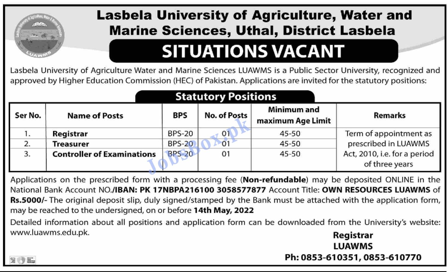 Lasbela University Jobs 2022 in Pakistan - www.hec.gov.pk - www.luawms.edu.pk