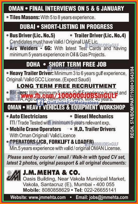 Long Term Free Job Recruitment for Oman, Dubai & Qatar