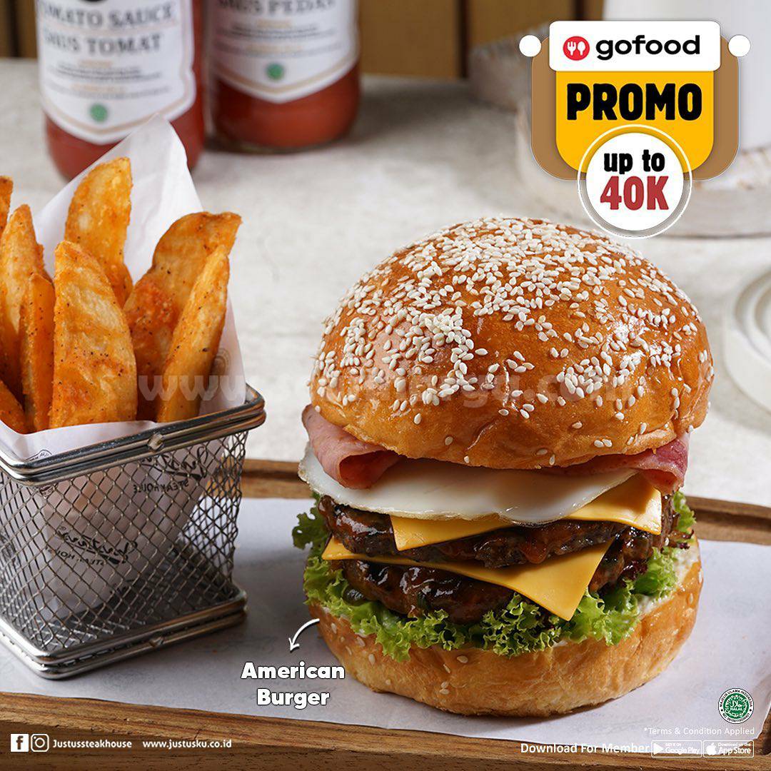 Promo Justus Steak House Gofood - American Burger Diskon 40%