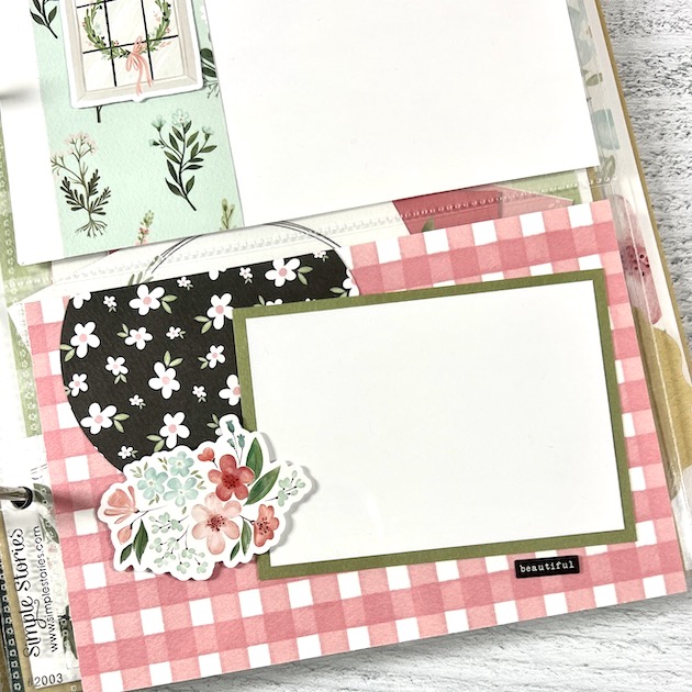 Flower Garden Scrapbook Album Page with pink plaid, window & wreath