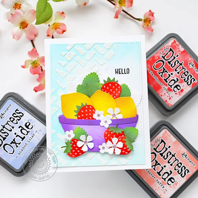 Sunny Studio Stamps: Build-A-Bowl Die Focused Friendship Card by Isha Gupta (featuring Strawberry Patch Dies, Stitched Rectangle Dies, Fresh Lemon Dies, Frilly Frame Dies)