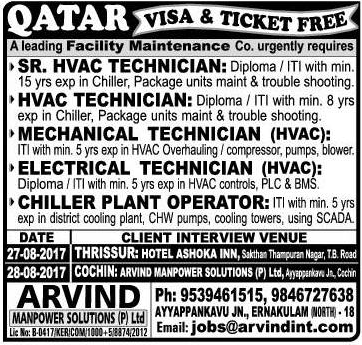 Facility maint co Jobs for Qatar - visa & Ticket free
