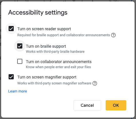 Les paramètres d'accessibilité peuvent désormais être personnalisés pour Google Docs, Sheets, Slides et Drawings