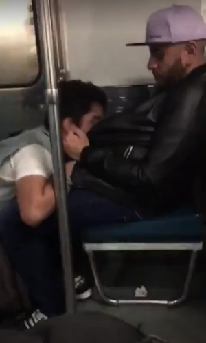 (1/2) Leather jacket blowjob on the train video for adults over 18 years of age
