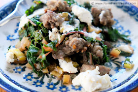 A low carb meal of sausage sautéed with Swiss chard and topped with creamy burrata cheese.