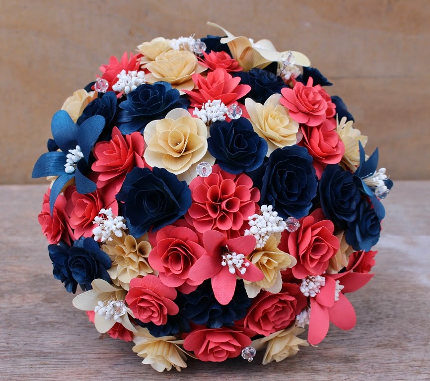 Coral and Navy Blue Wedding Bouquet Made of Wooden Flowers ...