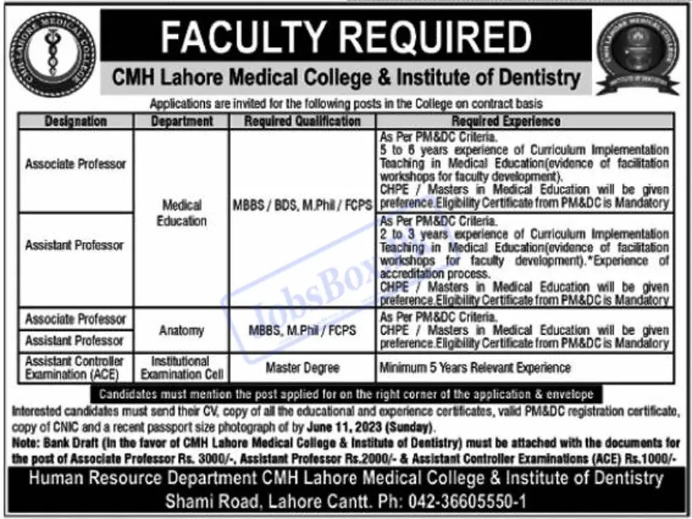 CMH Lahore Medical College & Institute of Dentistry Jobs 2023 Advertisement