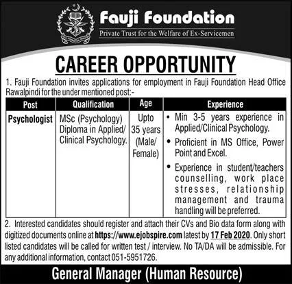 Fauji Foundation Jobs 2020