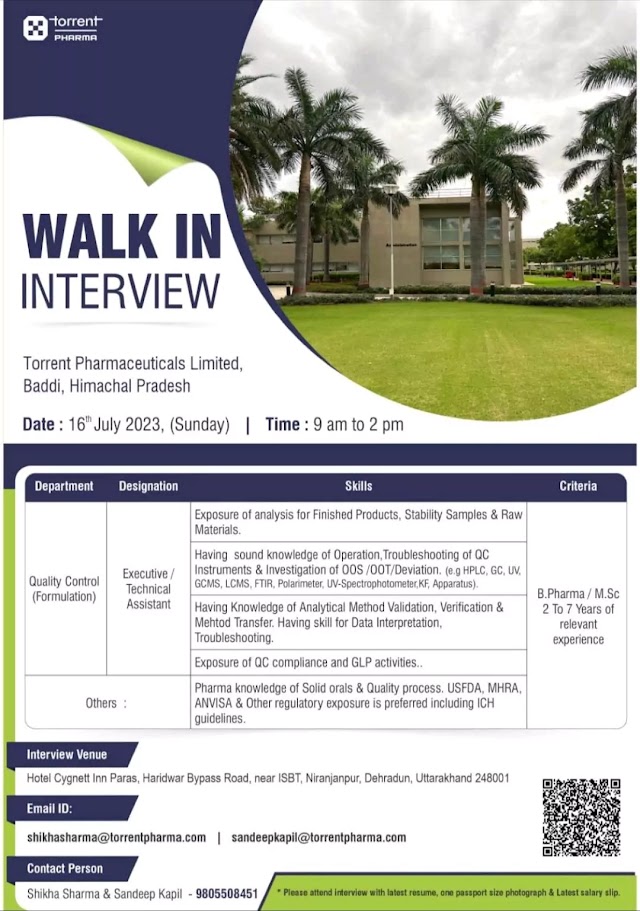 Torrent Pharmaceuticals | Walk-in interview for Formulation QC on 16th July 2023