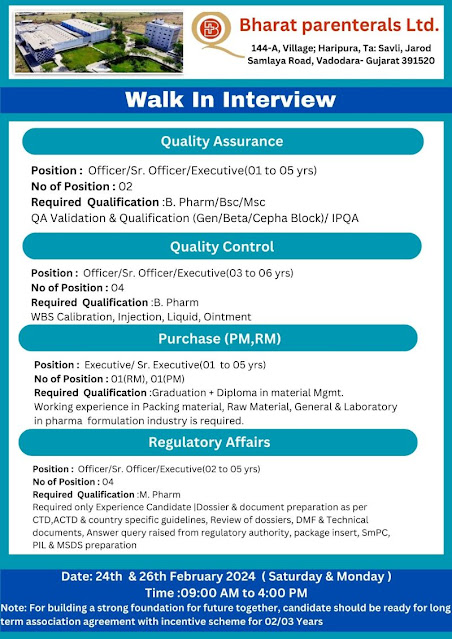 Bharat Parenterals Walk In Interview For QA/ QC/ Purchase/ Regulatory Affairs