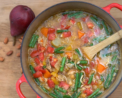 Gypsy Pot, a hearty soup with butternut squash, pear, seasonal vegetables, thickened with a garlicky-almond paste. Tips, nutrition, WW points at A Veggie Venture.