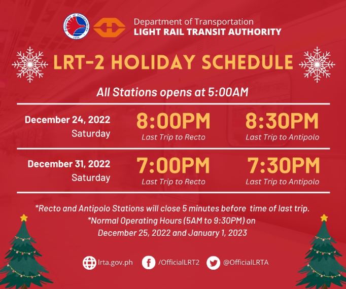 LRT 2 holiday schedule 2022