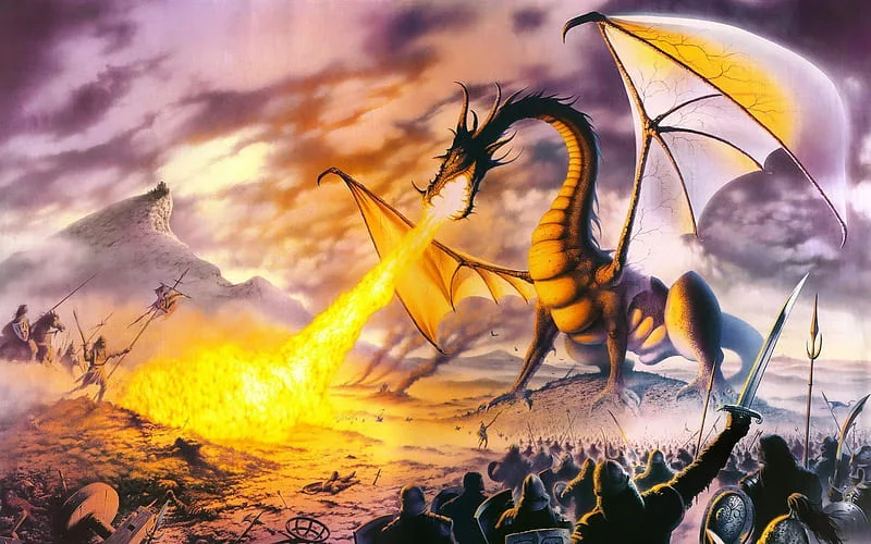 An illustration of a dragon breathing fire, laying waste to a battlefield, demonstrating its devastating power