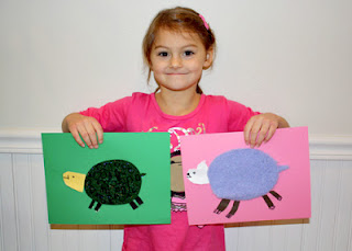 Tessa enjoyed creating her textured turtle so much that she asked to make a second animal. A fluffy piece of purple fleece made her think of a sheep.