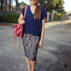 awayfromtheblue instagram navy wrap pencil skirt balenciaga sorbet pink city bag monochrome office outfit