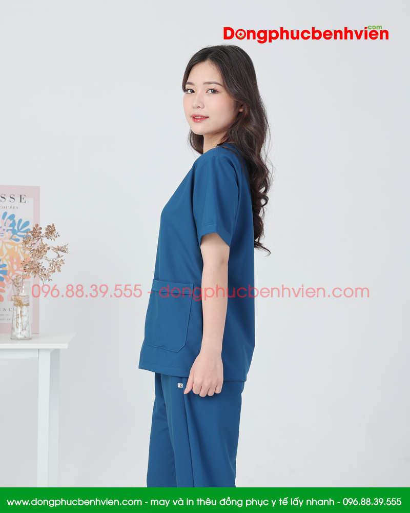 Bộ scrubs cổ tim nữ màu xanh sẫm cao cấp