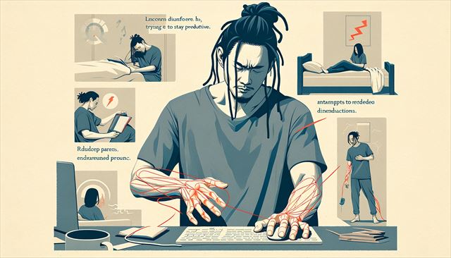 An abstract minimalistic illustration of a casual Japanese man with dreadlocks, coping with tendonitis and trying to stay productive. The scene depicts him struggling with discomfort while attempting to use a computer mouse, symbolized by abstract elements of pain and limitation. Also, illustrate him reading a book and taking frequent naps, reflecting his current state of reduced activity. The background should subtly include a bed and a computer, symbolizing rest and unfulfilled work intentions. The style is minimalistic, emphasizing the themes of health challenges, reduced productivity, and attempts to maintain some level of engagement despite physical limitations.