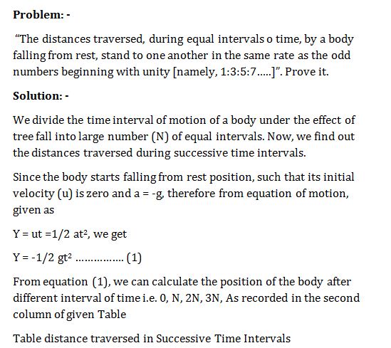 “The distances traversed, during equal intervals o time, by a body falling from rest, stand to one another in the same rate as the odd numbers beginning with unity [namely, 1:3:5:7…..]”. Prove it.