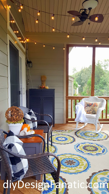 screened porch, cottage, cottage style, farmhouse, farmhouse style, Fall, Fall Decorating,  Cat Cave, Lighted Grapevine Orb