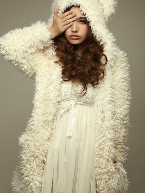 Cute Beige Bear Pattern Cotton Women's Coat