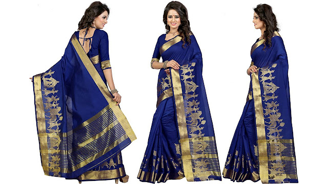 SHREE GANAPATI FASHION Self Design Banarasi Cotton Saree  (Blue)