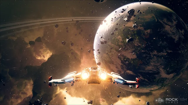 Un planeta y una nave en la galaxia Andromeda en Mass Effect Andromeda, el videojuego de BioWare