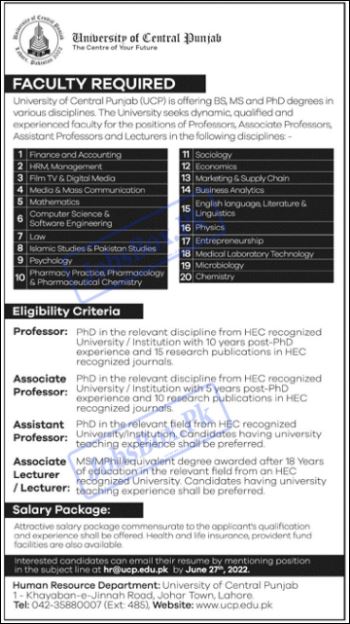 Latest Jobs Opportunities University of Central Punjab-May-2022