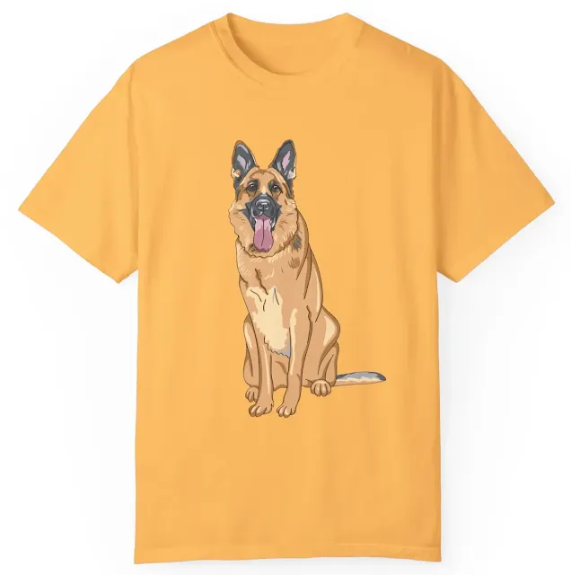 Garment Dyed T-Shirt for Men and Women with Graphic of Giant Tan Color German Shepherd Sloppy Sitting Leaving Tongue Out