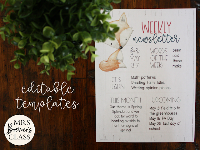 Class Newsletters editable templates for parent communication, classroom news, learning & notes with a Woodland Animal theme & shiplap background