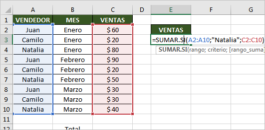 funcion sumarsi en excel