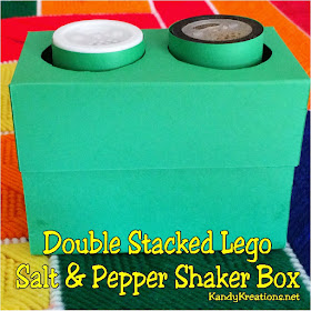 Add a little extra flair to your Lego party by disguising your salt and pepper shakers into two stacked Legos.  This simple printable box will add a double stacked Lego brick to your table and a lot of fun to dinner tonight.