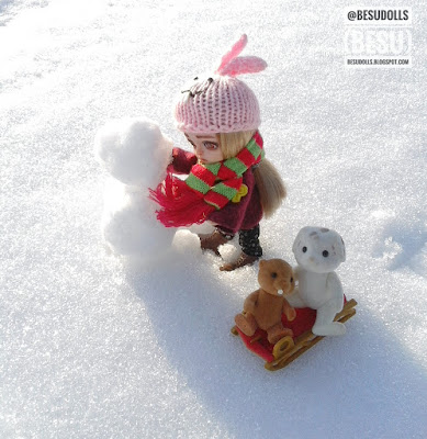 bjd doll on the snow with sylvanian families