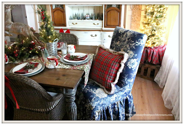 French Country Farmhouse Christmas Dining Room-Christmas Red Plaid Pillow-Blue Floral Parson Chair-From My Front Porch To Yours