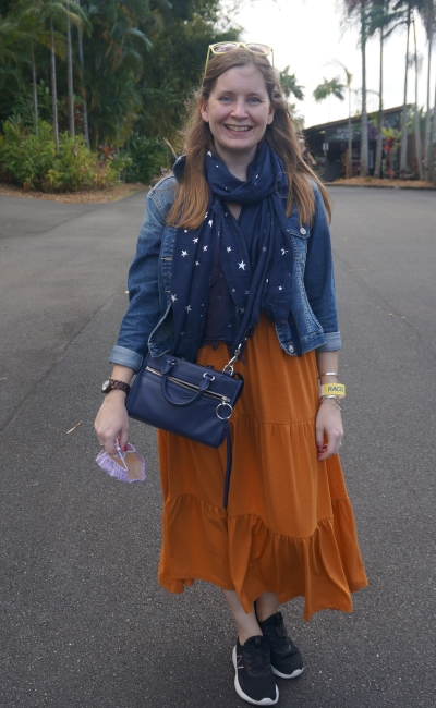 denim jacket, navy star print scarf, kmart amber tiered midi dress, sneakers, micro bedford crossbody bag | awayfromtheblue