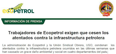 Trabajadores de Ecopetrol exigen que cesen los atentados contra la infraestructura petrolera