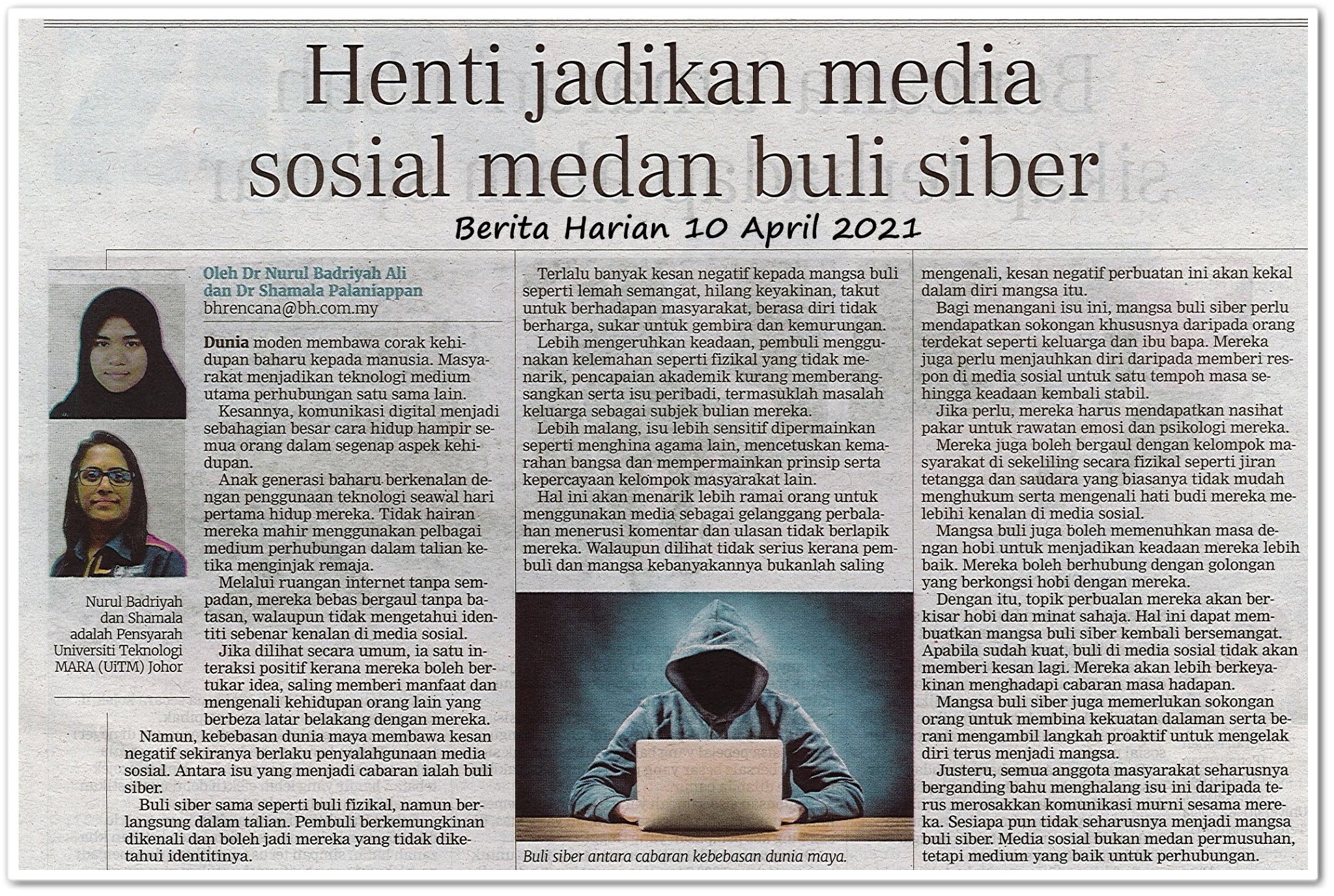 Henti jadikan media sosial medan buli siber - Keratan akhbar Berita Harian 10 April 2021