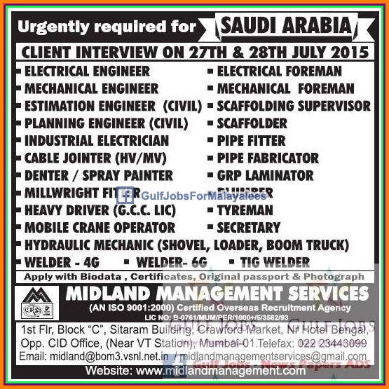 Urgent Job Requirement for Saudi Arabia