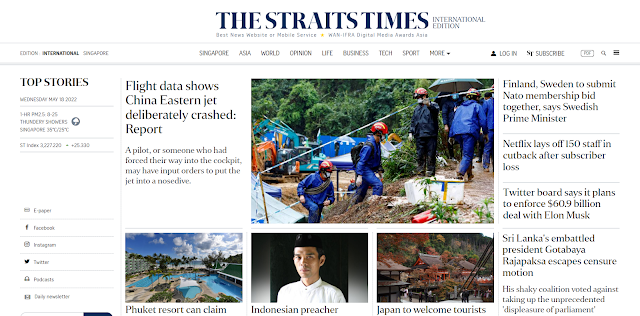 Phiên bản trực tuyển của The Straits Times. Ảnh: The Straits Times