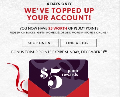 Chapters Indigo $5 Free Plum Reward Points Special Offer