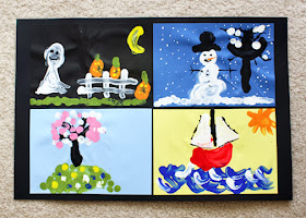 Tessa's completed "The Four Seasons" project. I used an inexpensive piece of black poster board cut down to size and a tape runner to mount her scenes.