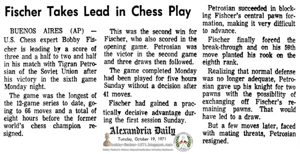 Fischer Takes Lead in Chess Play