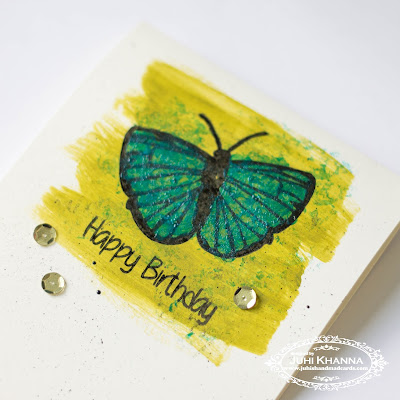 Mixed Media Card closeup- made using Happy Little Stampers Butterfly Birthday Stamps